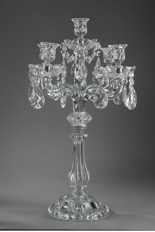 独角鹿西洋古董 20世纪法国出品流苏造型五枝头水晶精雕烛台一对 商品图0