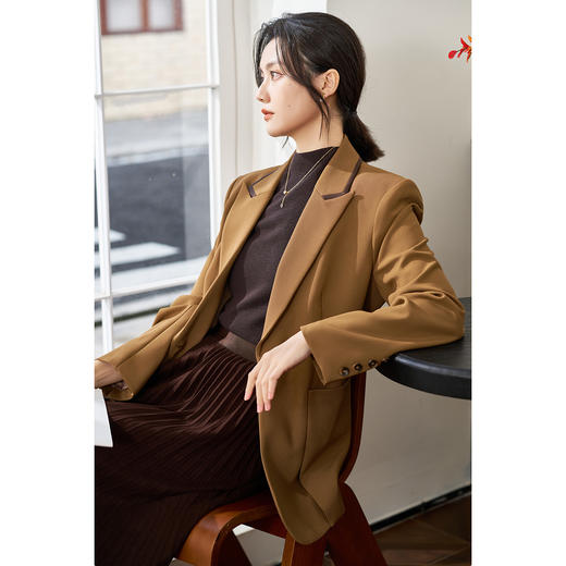 剩S/XXL 米思阳2026春季新款时尚简约大气咖色西装通勤修身显瘦外套女0385 商品图1