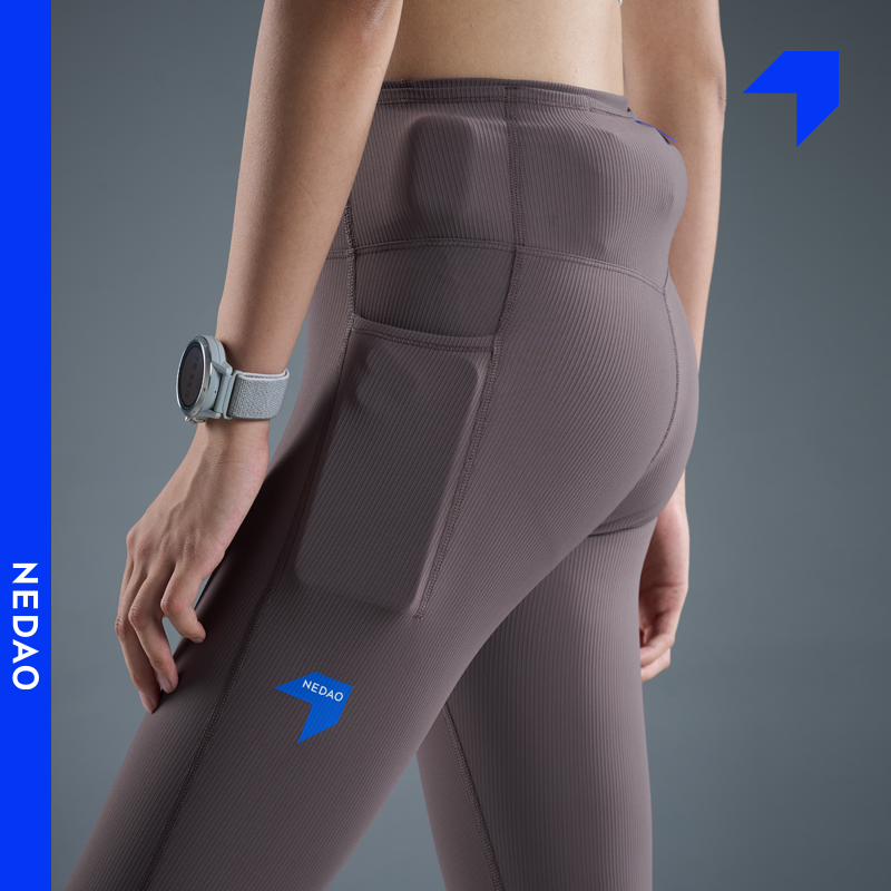 内道条纹收纳紧身长裤女士腰包弹力马拉松跑步运动长裤