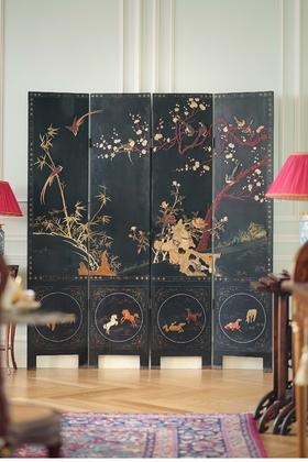 独角鹿西洋古董 20世纪中国出品花鸟奔马主题百宝嵌双面四曲屏风