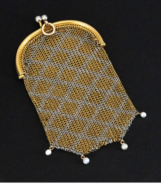 独角鹿西洋古董 20世纪初欧洲出品18k黄金及铂金装饰珍珠网状编织古董零钱包 商品图2