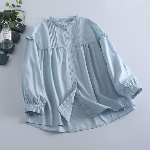 C039-6928新款小清新花边圆领衬衫女宽松百搭木耳边长袖棉质春夏开衫上衣潮 商品图1