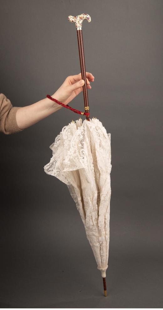 独角鹿西洋古董 19世纪英国出品硬木嵌繁花嫩叶主题手绘瓷面画伞柄装饰丝绸蕾丝伞面古典阳伞 商品图1