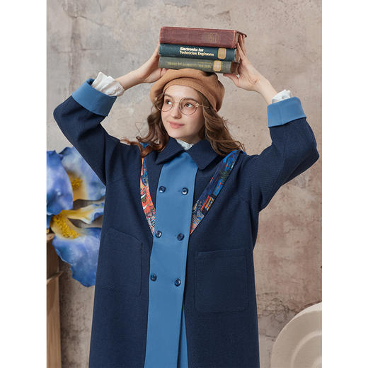 【暖冬内购】两三事梵高文艺莱茵河畔2025秋冬款印花拼接拼色海军领毛呢外套女 商品图2