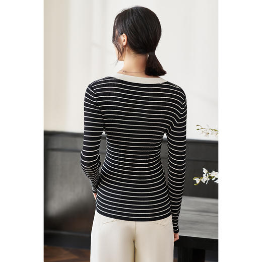 米思阳2026春季新款知性复古条纹针织衫撞色v领长袖开衫外套2257 商品图4