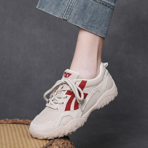 吉树秋热销头层牛皮透气软底运动风休闲女鞋真皮拼色网面低跟女鞋 商品图2