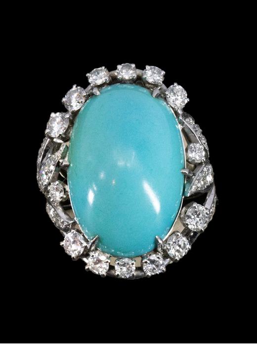 【已售】独角鹿西洋古董 1950年代法国出品叶片造型18K白金镶嵌钻石及绿松石戒指 商品图0