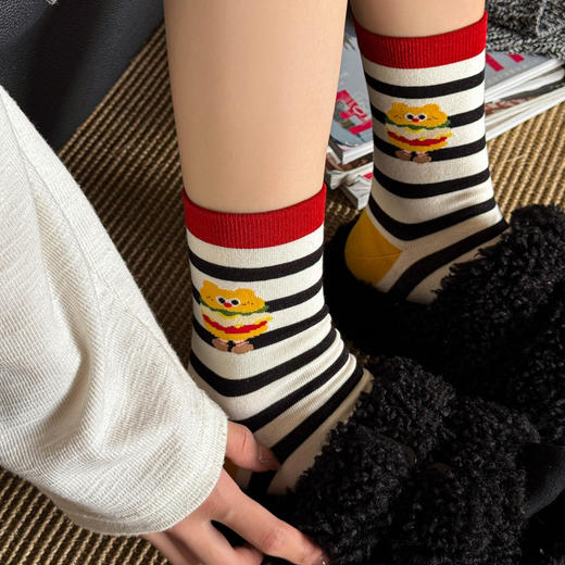 4双装！超可爱薯条汉堡+刺绣狗中筒袜女袜  200N高密度一体机织造  袜头无骨缝合不硌脚 商品图5