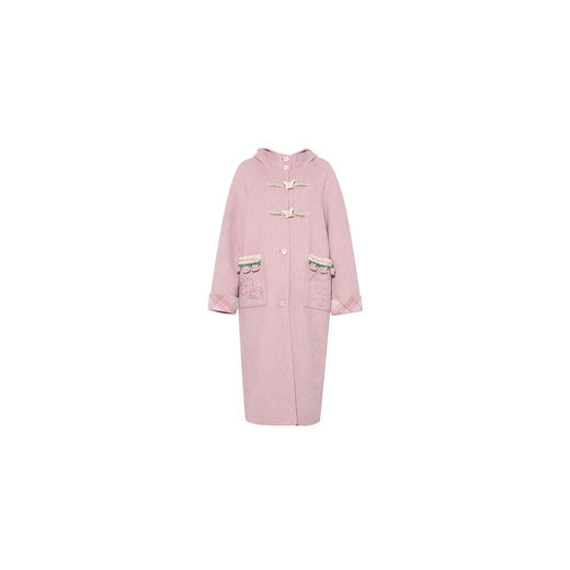 【暖冬内购】两三事 恋恋笔记 2025秋冬新款手钩花刺绣口袋牛角扣连帽毛呢外套 商品图4