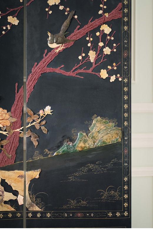 独角鹿西洋古董 20世纪中国出品花鸟奔马主题百宝嵌双面四曲屏风 商品图4