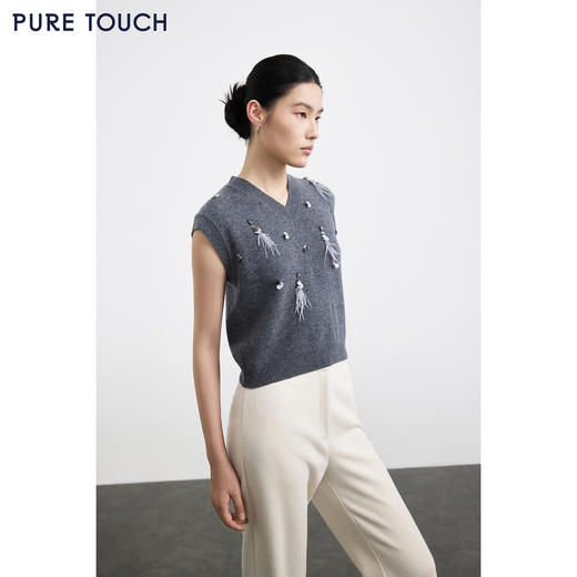 PURE TOUCH女装 25秋冬新款v领羊毛针织背心百搭钉珠套头毛背心 商品图3