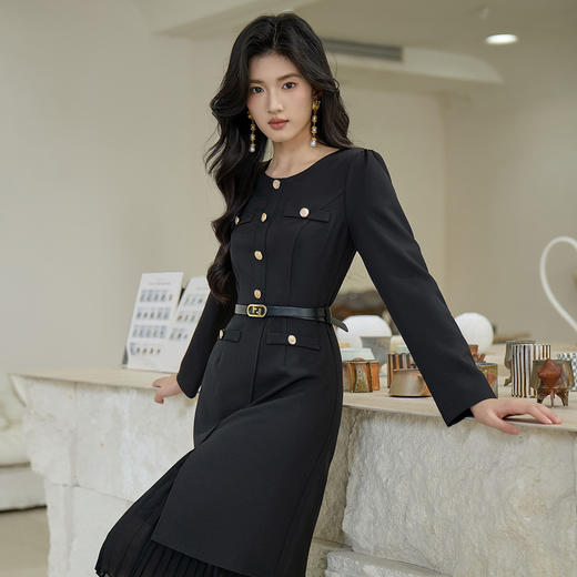 奢姿大码女装2025秋季减龄纽扣装饰拼接连衣裙胖妹妹千金风裙子9953870297 商品图1