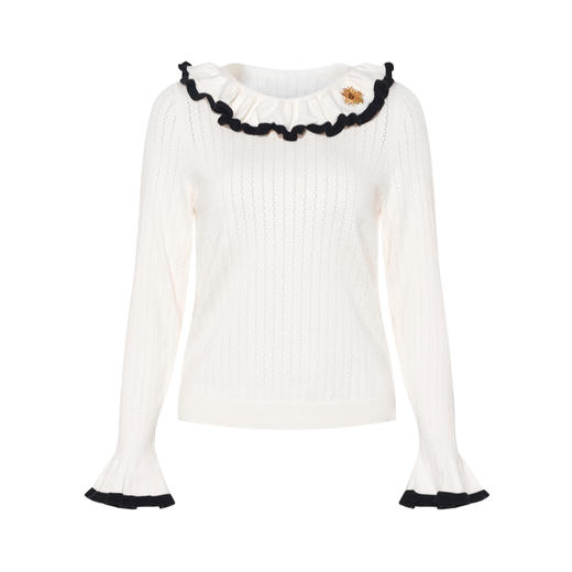 两三事梵高文艺 温香软语 2025秋冬新款甜美绣花木耳边领针织衫女 商品图4