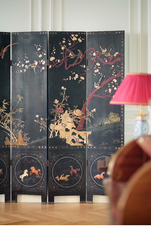 独角鹿西洋古董 20世纪中国出品花鸟奔马主题百宝嵌双面四曲屏风 商品图1