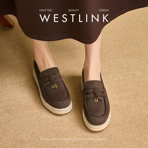 【限时秒杀】西遇厚底乐福鞋女秋新款老钱风一脚蹬草编渔夫鞋坡跟增高单鞋V1857102 商品图3