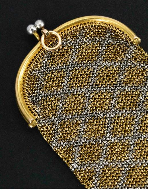 独角鹿西洋古董 20世纪初欧洲出品18k黄金及铂金装饰珍珠网状编织古董零钱包 商品图4