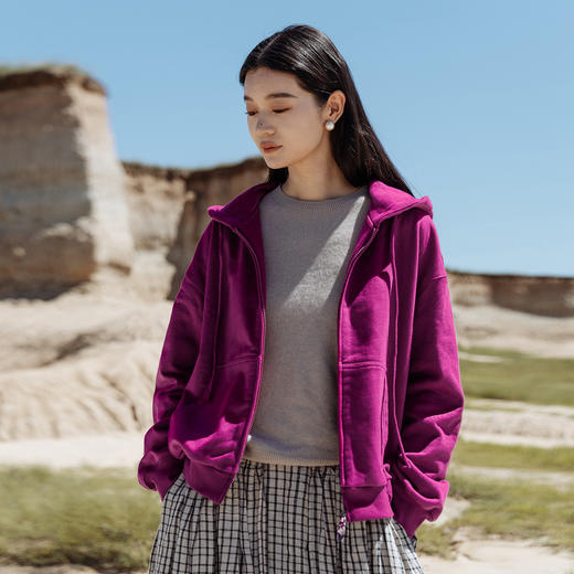 绽放578朵/毛圈棉连帽开襟落肩长袖卫衣女慵懒简约新款休闲外套 商品图0