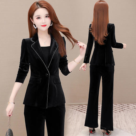 金丝绒小西装套装女2025年秋季新款洋气修身西服阔腿裤气质两件套 商品图3