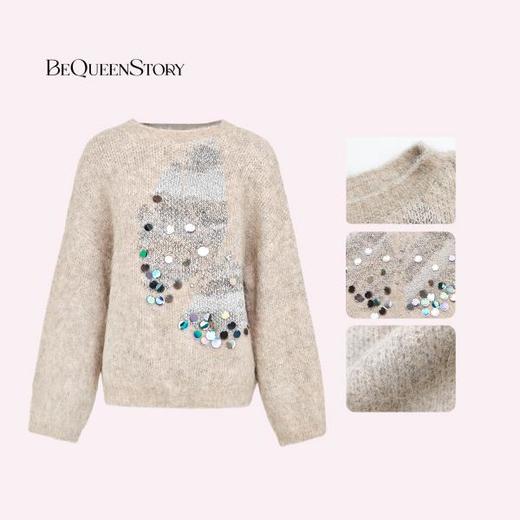 余潇潇【琥珀淡奶】羊驼毛羊毛混纺慵懒感手缝亮片圆领宽松毛衣 商品图2