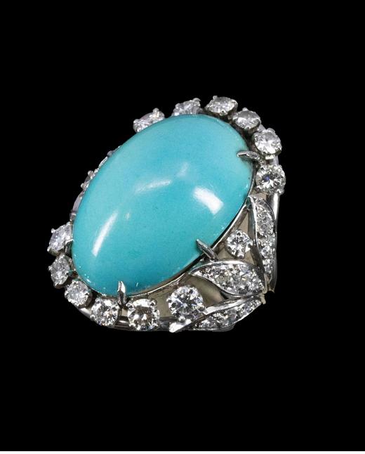 【已售】独角鹿西洋古董 1950年代法国出品叶片造型18K白金镶嵌钻石及绿松石戒指 商品图3