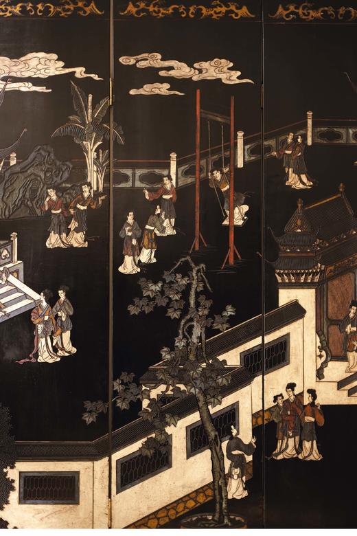 【已售】独角鹿西洋古董 19世纪末20世纪初中国出品庭院仕女主题黑漆地款彩双面六曲屏风 商品图3