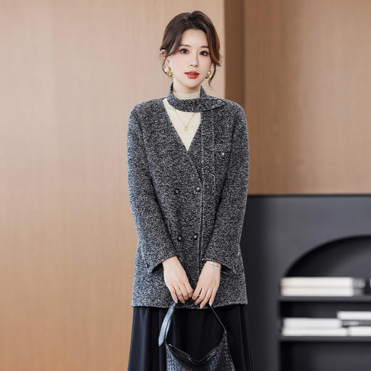 OSL 2525LN流行气质宽松条纹显瘦V领双面尼大衣外套 商品图3