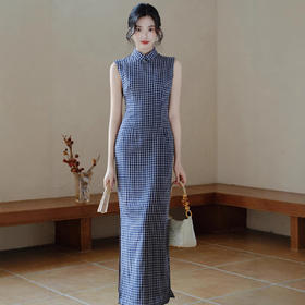 民国大小姐无袖旗袍改良年轻款日常可穿夏季复古素雅格子连衣裙女