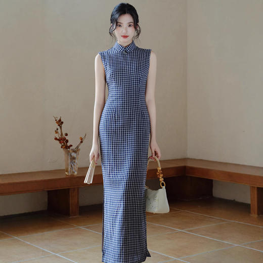 民国大小姐无袖旗袍改良年轻款日常可穿夏季复古素雅格子连衣裙女 商品图0
