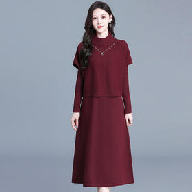 QYM A089-Y针织毛衣两件套连衣裙弹力宽松毛衣中长款套装