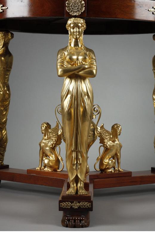 独角鹿西洋古董 19世纪法国出品家具大师雅各布·德斯马尔特设计帝政风格铜鎏金精雕女神柱装饰大理石台面桃花心木圆桌 商品图4