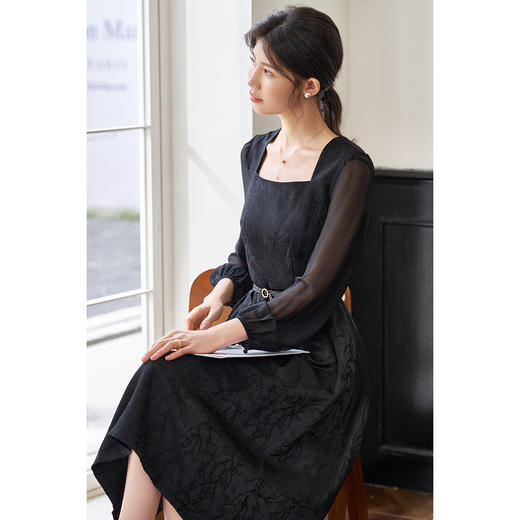 剩S/M/XL/L 米思阳2026春季新款复古优雅提花方领大摆裙子质感长袖连衣裙0015 商品图8