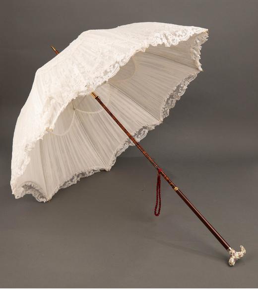 独角鹿西洋古董 19世纪英国出品硬木嵌繁花嫩叶主题手绘瓷面画伞柄装饰丝绸蕾丝伞面古典阳伞 商品图0