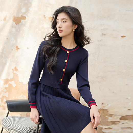 奢姿大码女装2025秋季胖妹妹时尚减龄学院风撞色镶边针织连衣裙9853869913 商品图2
