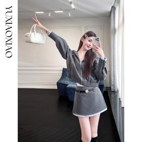 余潇潇【缪系学姐】立体花朵珠片装饰连帽宽松落肩外套&微A短款半裙