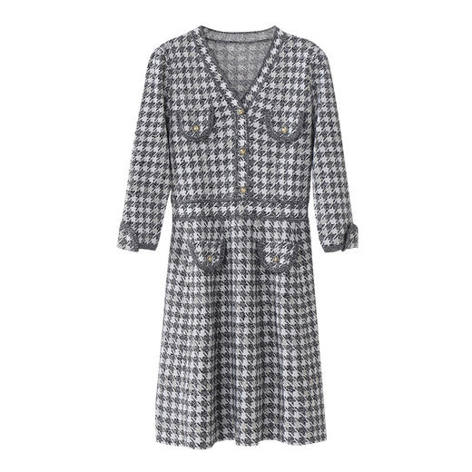 「自」全新升级【铂金会员441/天猫589/差价148】(53857)洛诗琳新款小香风千鸟格连衣裙2025秋季气质V领七分袖针织裙 商品图4