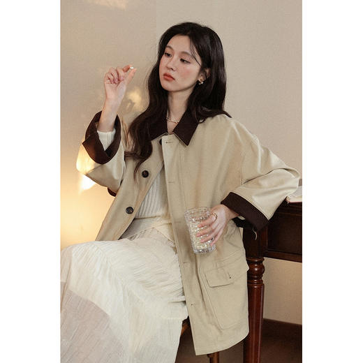 鹿向南「桂畔时光」卡其色拼色休闲风衣秋季新款高级感通勤外套女 商品图4