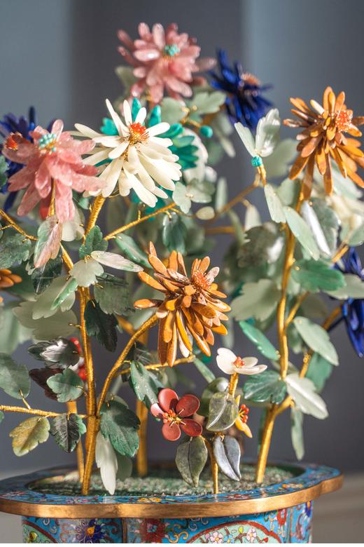 独角鹿西洋古董 21世纪中国出品博古花卉纹景泰蓝盆装饰「彩菊齐绽」珍宝像生盆景 商品图1