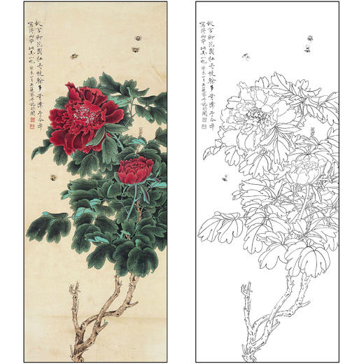 于非闇花鸟工笔画白描底稿《牡丹蜜蜂》临摹勾线高清打印稿FA19 商品图0
