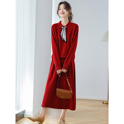 法式温柔风丝巾翻领上衣，针织半身裙套装CC-ML-9967 商品图1