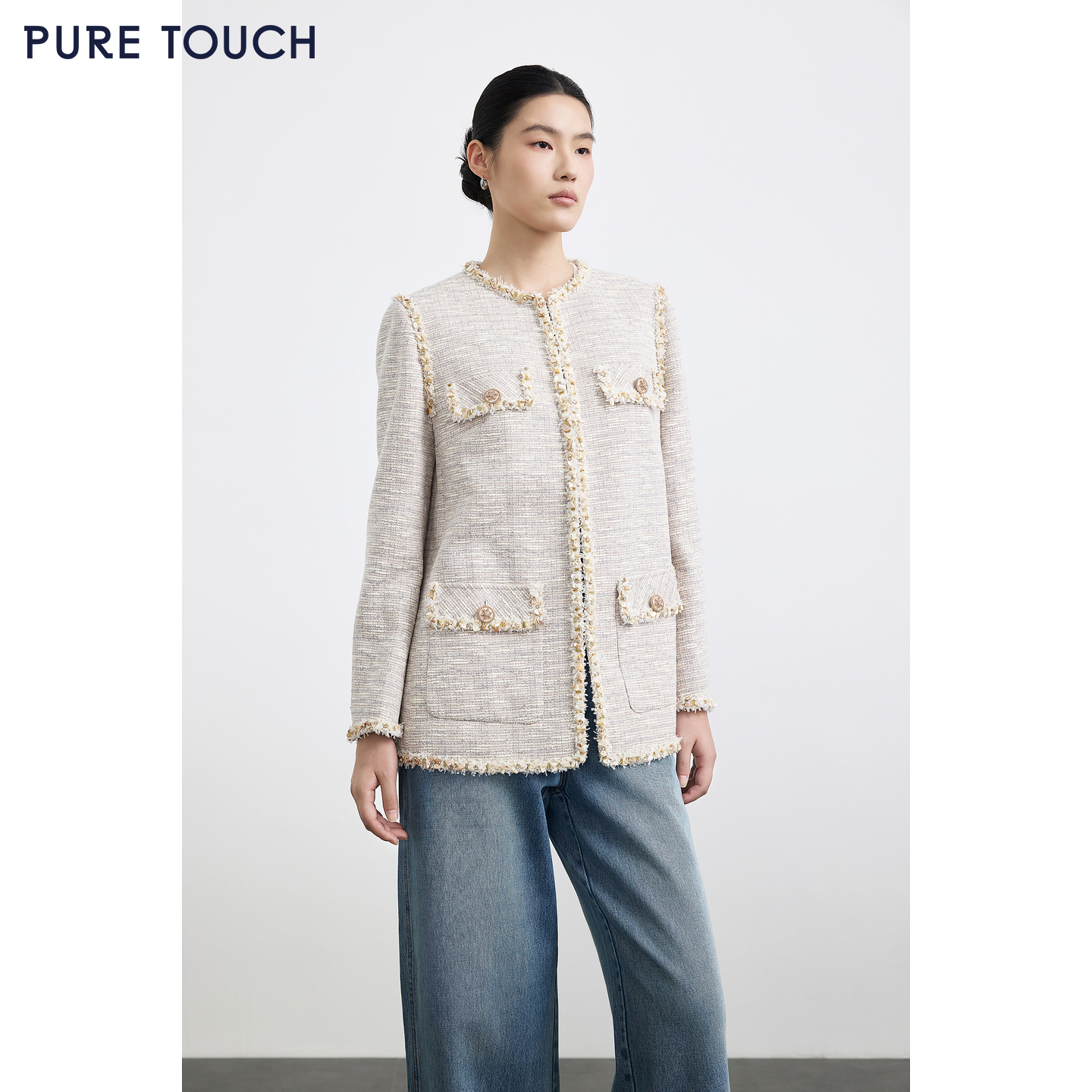 PURE TOUCH女装25秋冬新款粗花呢外套百搭法式小香风直筒短外套