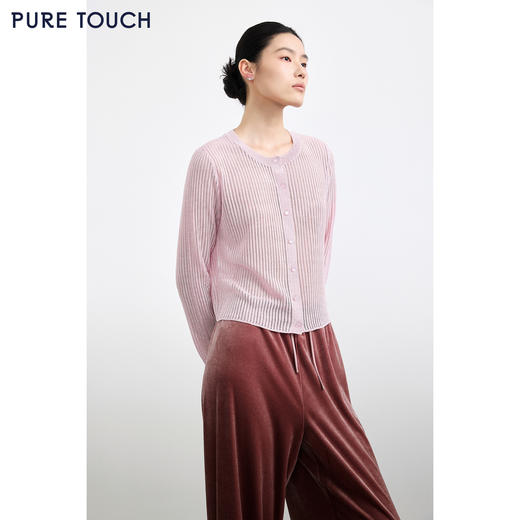 PURE TOUCH女装25秋冬新款圆领桑蚕丝混纺针织开衫竖条纹外搭开衫 商品图3