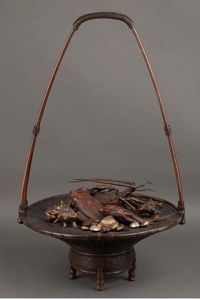 独角鹿西洋古董 1880年代日本明治时期著名金匠大师大島如雲签名出品金银装饰铜雕海鲜提篮