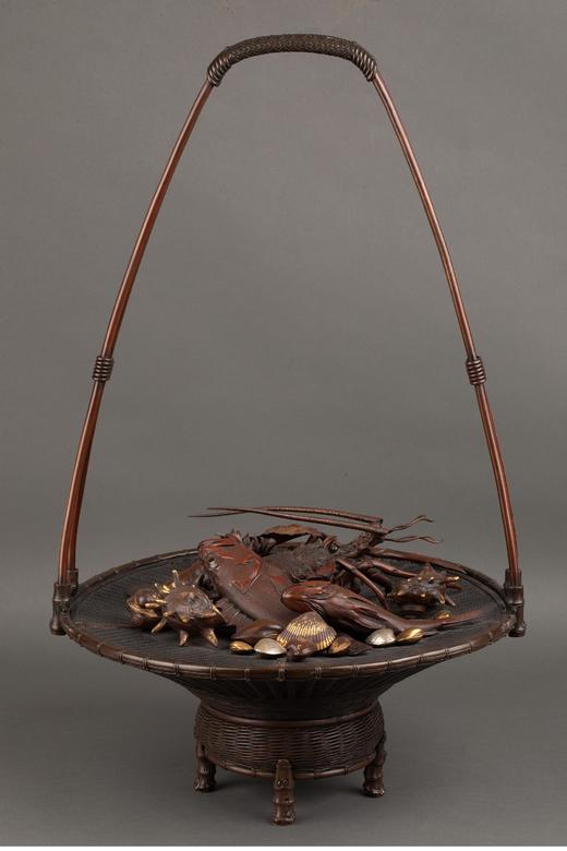 独角鹿西洋古董 1880年代日本明治时期著名金匠大师大島如雲签名出品金银装饰铜雕海鲜提篮 商品图0