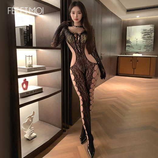 【情趣内衣】霏慕 性感豹纹露臀连身网袜ZY97 商品图6