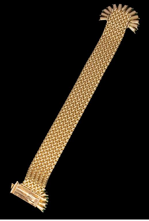 独角鹿西洋古董 1960年代法国出品装饰艺术风格18K黄金镶嵌祖母绿及钻石编织纹理手链 商品图5