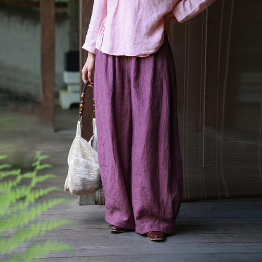 绽放517朵/早秋新款色织亚麻半腰松紧宽松弯刀阔腿裤百搭休闲裤女 商品图0