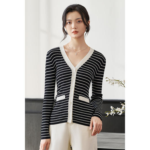 米思阳2026春季新款知性复古条纹针织衫撞色v领长袖开衫外套2257 商品图3