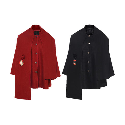 【暖冬内购】两三事 烛火诗廊 2025秋冬新款立体花围巾斗篷式毛呢外套女配胸针 商品图4