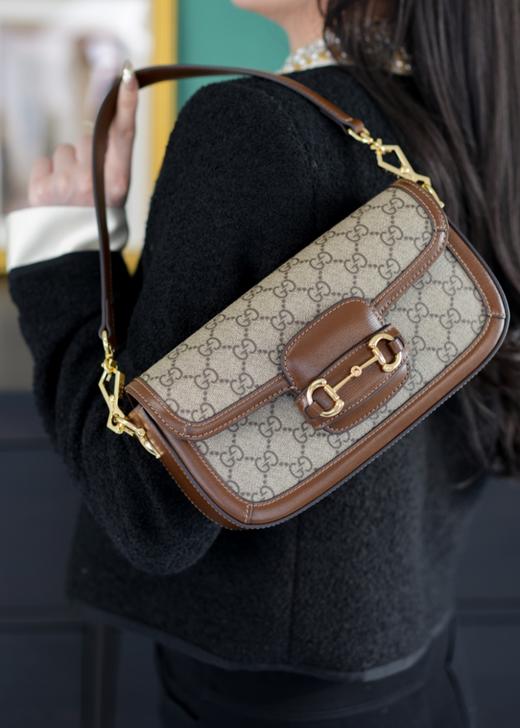 古驰 Horsebit 1955系列肩背包法棍包　老花棕（LZ*MM） 商品图5