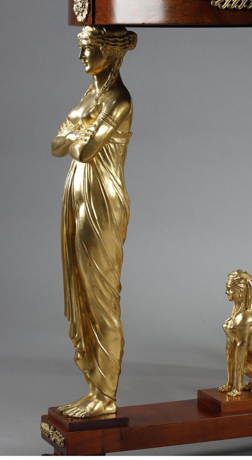 独角鹿西洋古董 19世纪法国出品家具大师雅各布·德斯马尔特设计帝政风格铜鎏金精雕女神柱装饰大理石台面桃花心木圆桌 商品图2